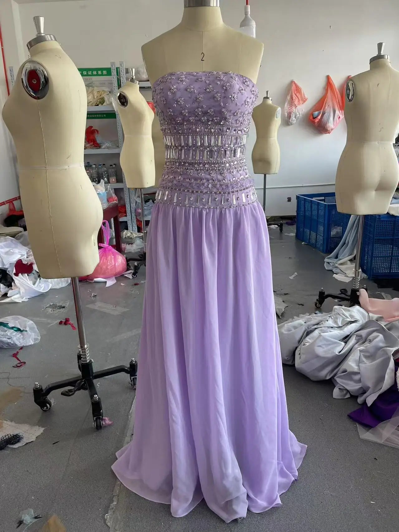 Purple Beaded Strapless Maxi Dress