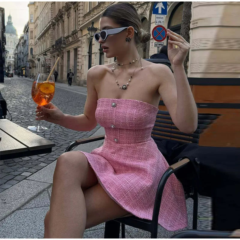 Tweed Strapless Buttoned Mini Dress