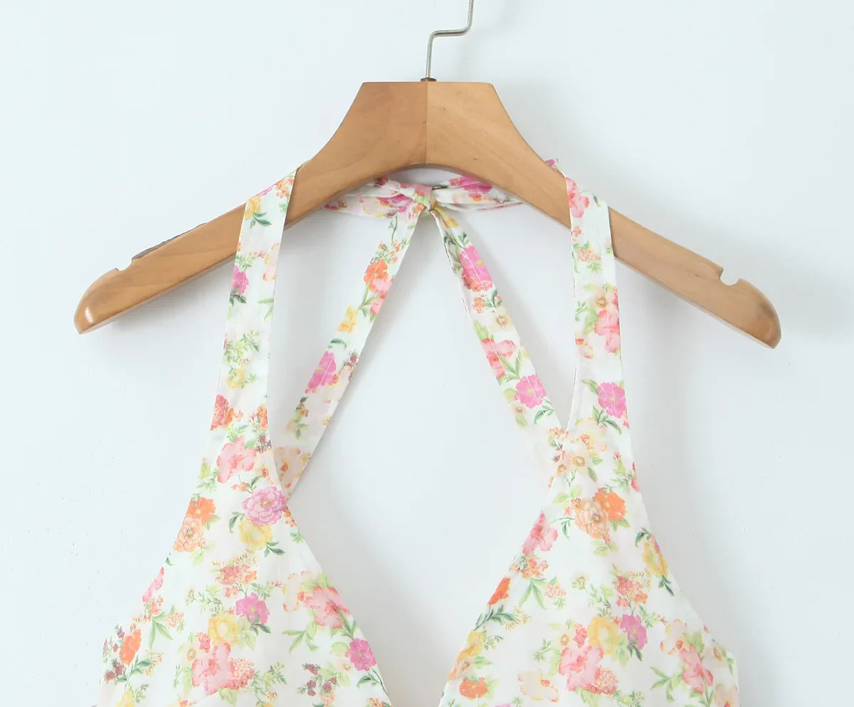 Floral Print Deep Halter Neck Mini Dress