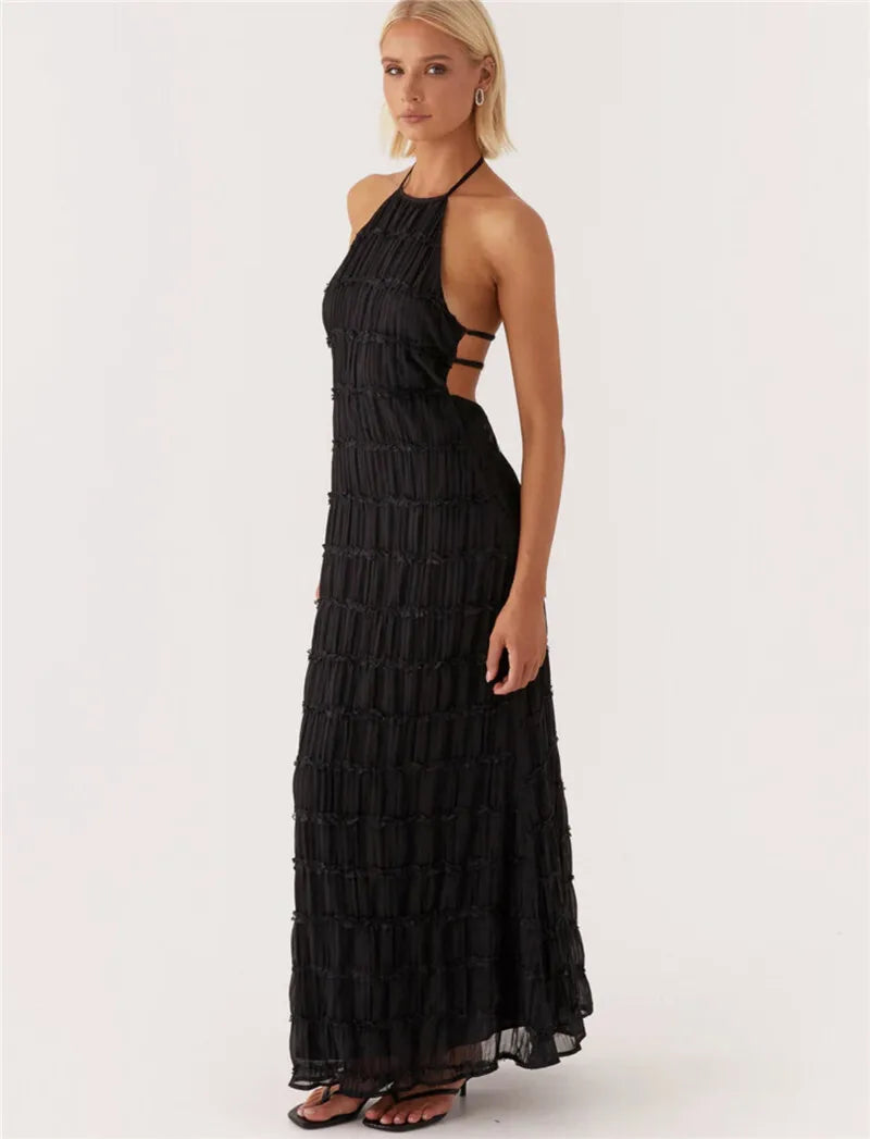 Halter Textured Open Back Maxi Dress
