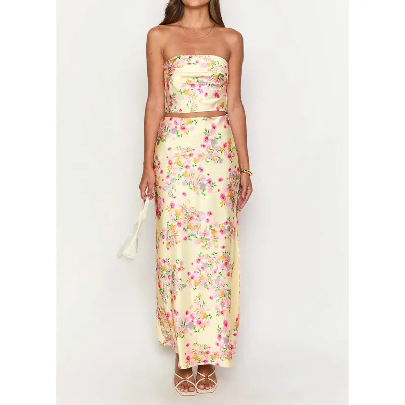 Satin Crop Tube Top And Long Skirt Set