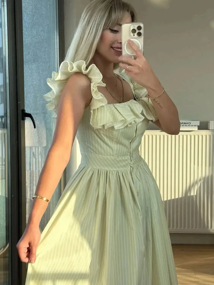Ruffles Striped Square Collar Buttoned Long Dress