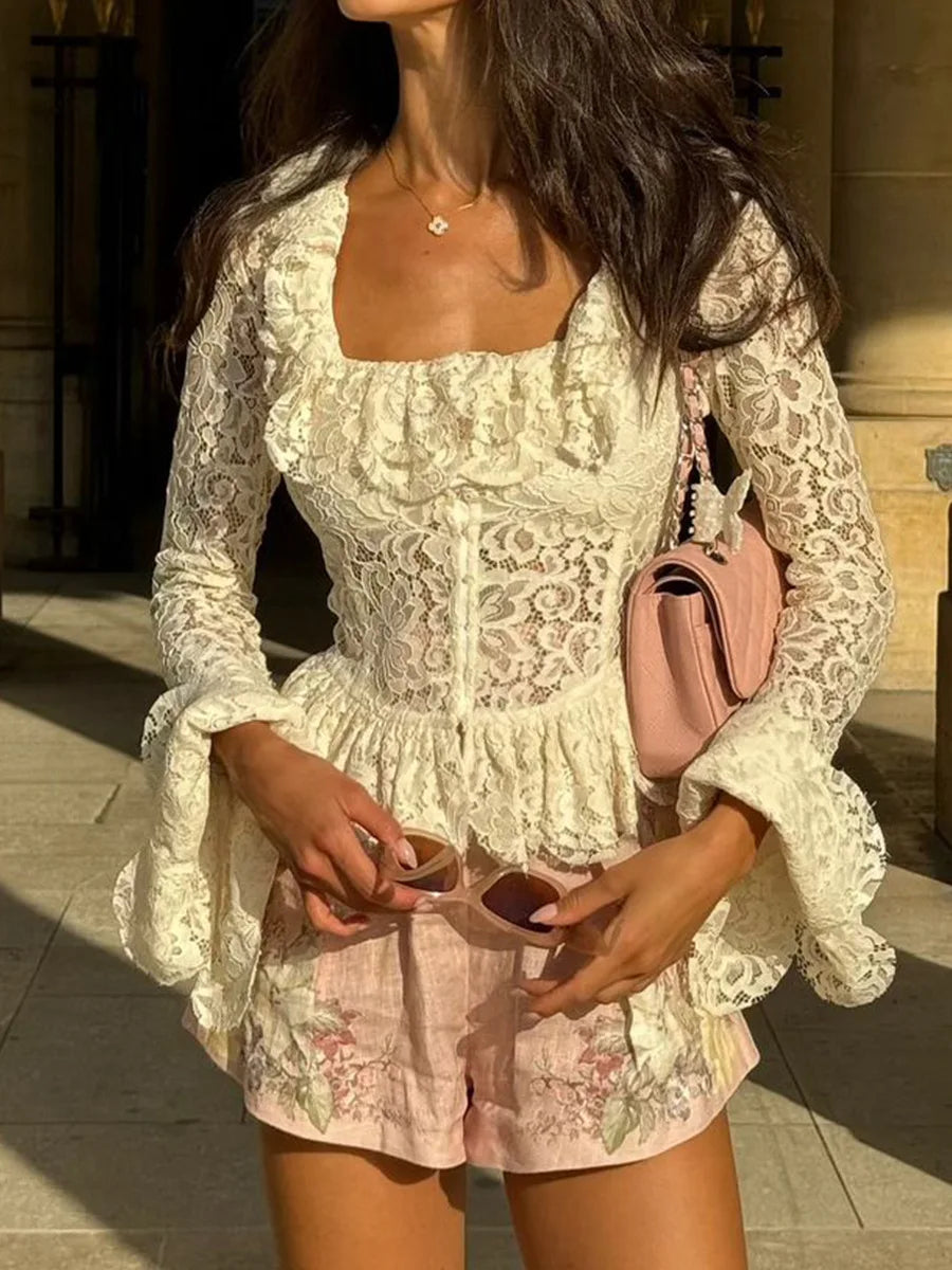 White Lace Ruffle Sleeve Top