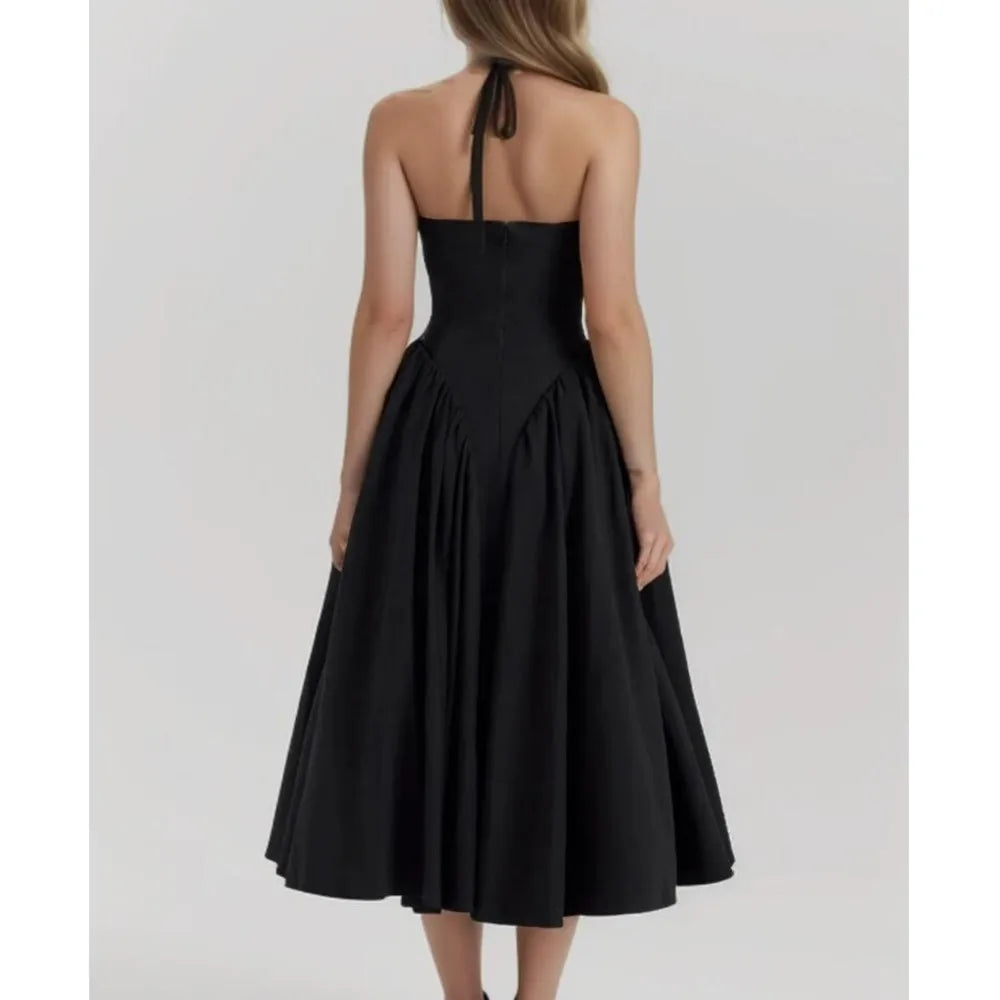 Halter Pleated Deep Neck Midi Dress