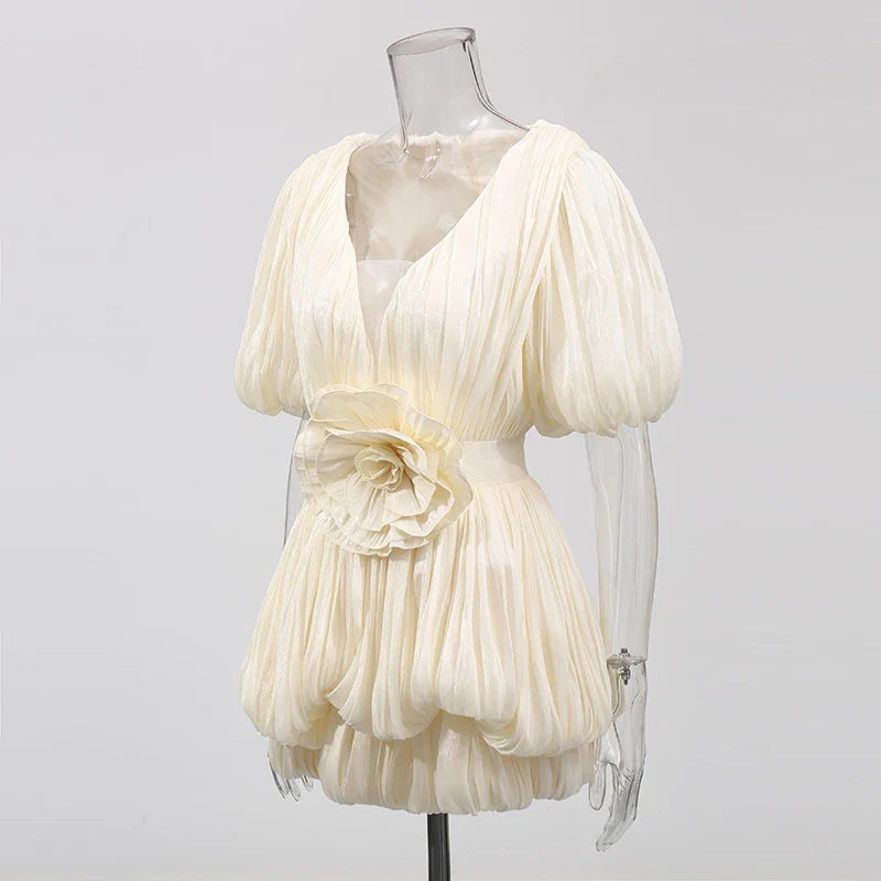 White Solid Spliced Appliqués Puff Mini Dress
