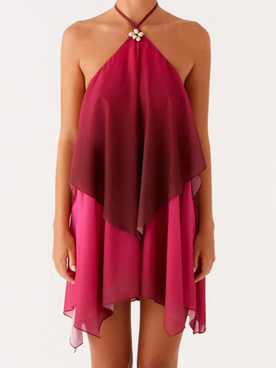 Red Gradient Halter Frill Wide Mini Dress