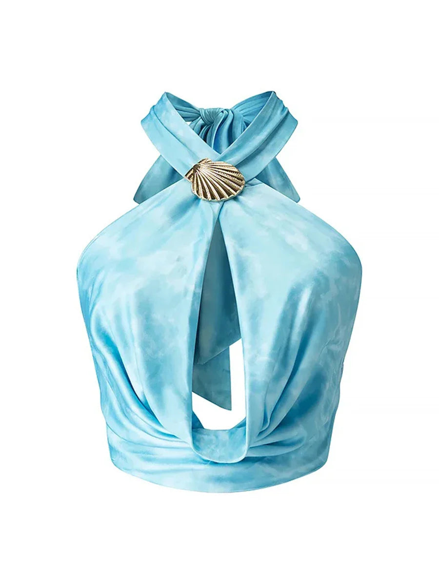 Blue Halter Shell Cowl Crop Top