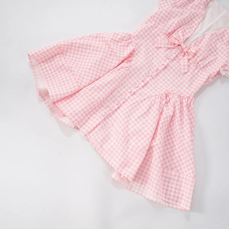 Plaid Print Puff Sleeve V-Neck Bow Flare Mini Dress