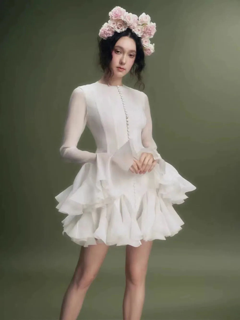 Frill Buttoned Long Sleeve Midi Dress