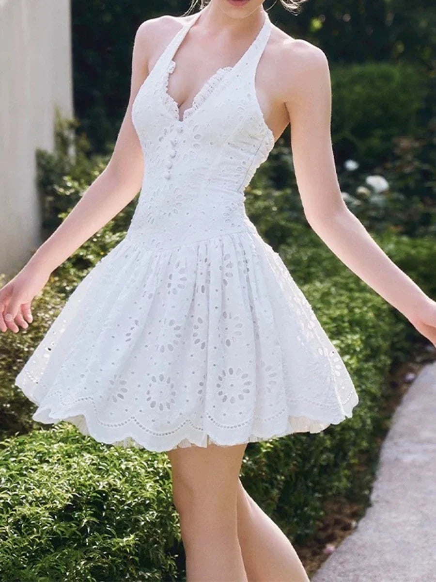 White Halter Eyelet Flare Mini Dress