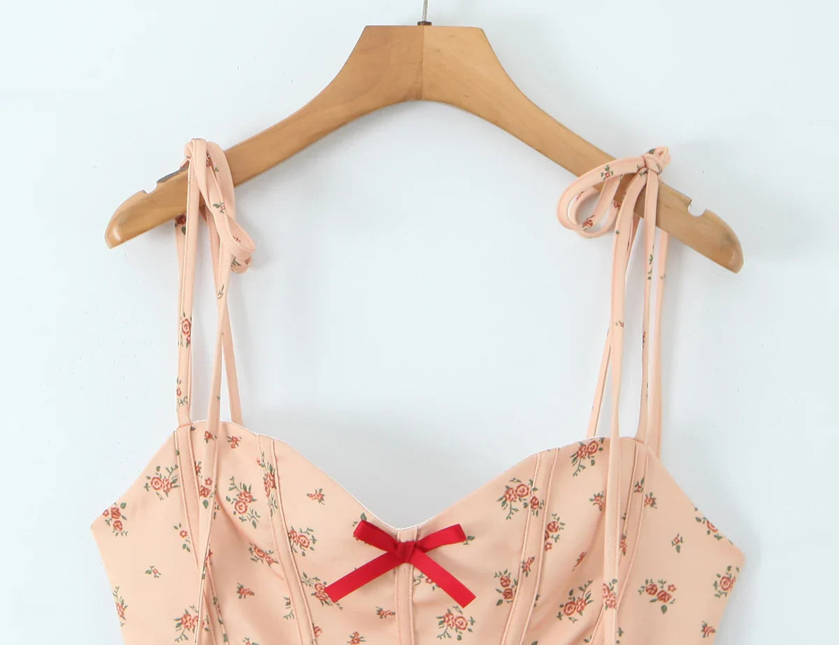 Orange Floral Print Bow  Tie Up Mini Dress