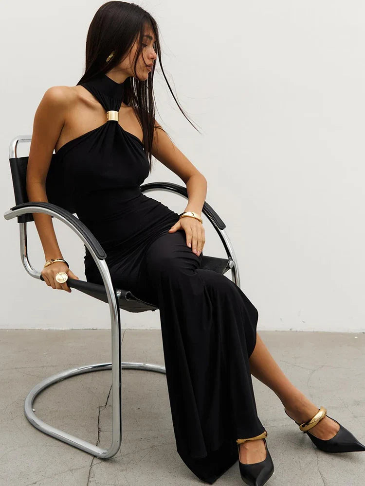 Halter Gold Turtleneck Maxi Dress
