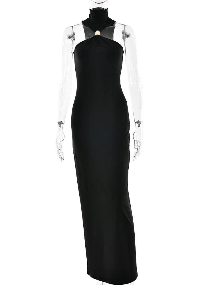 Halter Gold Turtleneck Maxi Dress