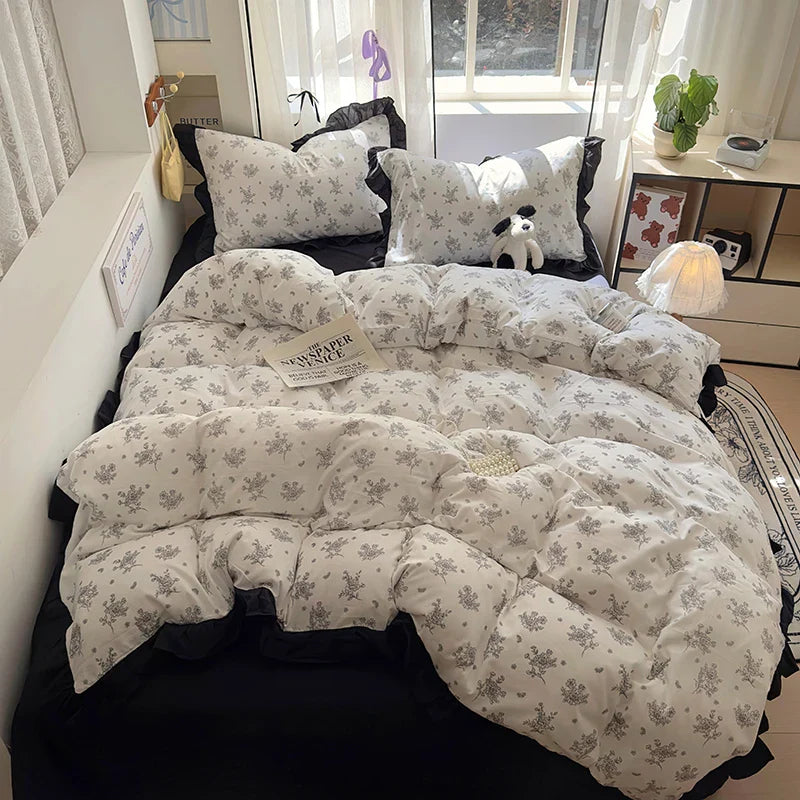 New French Lace Wash Quilt Cover Korean-style Romantic Herben-style Black Print Four-piece Set Skin Friendly Bedding Set