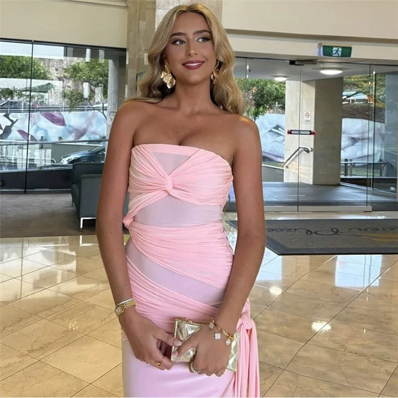 Strapless Pink Tie Up Mesh Midi Dress