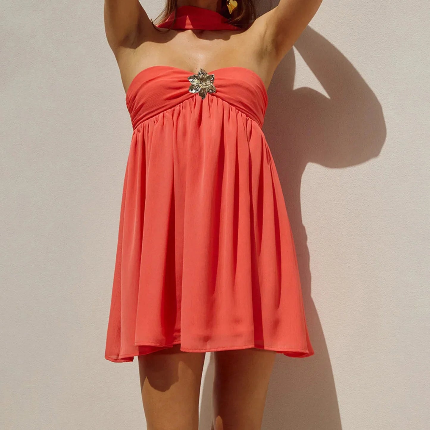 Ruffles Babydoll Strapless  Metal Flower Mini Dress