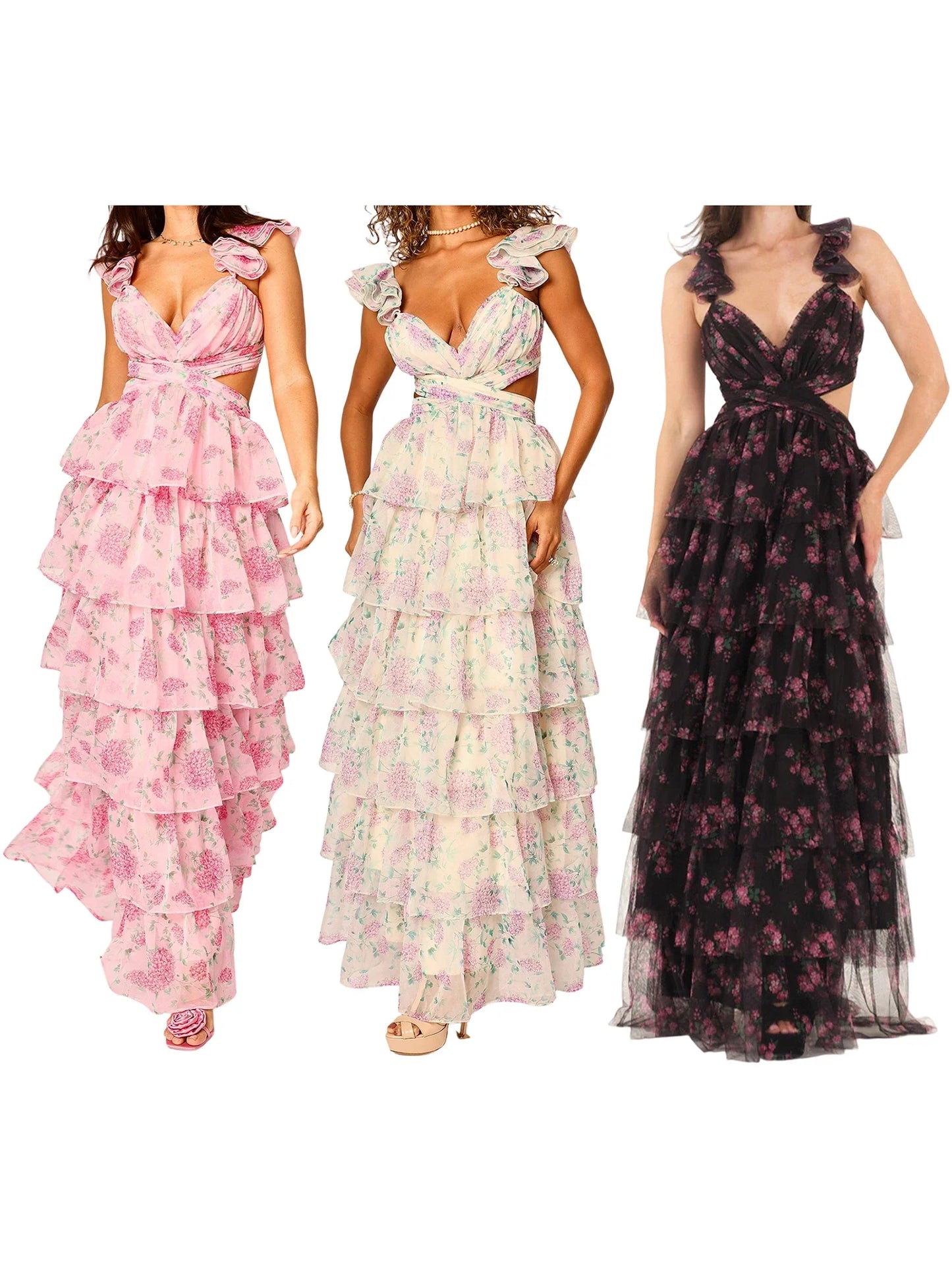 Floral Tiered Ruffles Maxi Dress - V-Neck A-Line