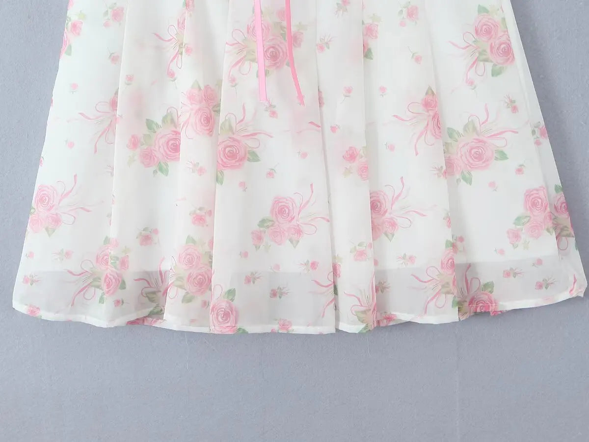 Pink Floral Bow Mesh Cami Mini Dress