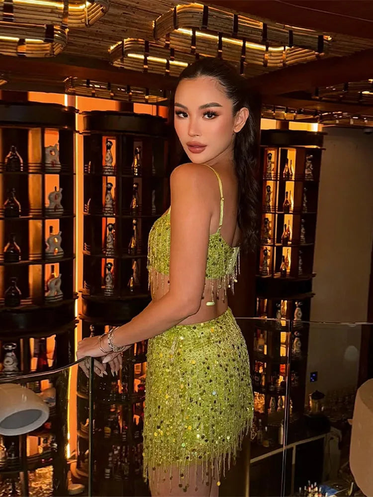 Tassel Sequin Crop Top & Skirt Set â€?Mini Style