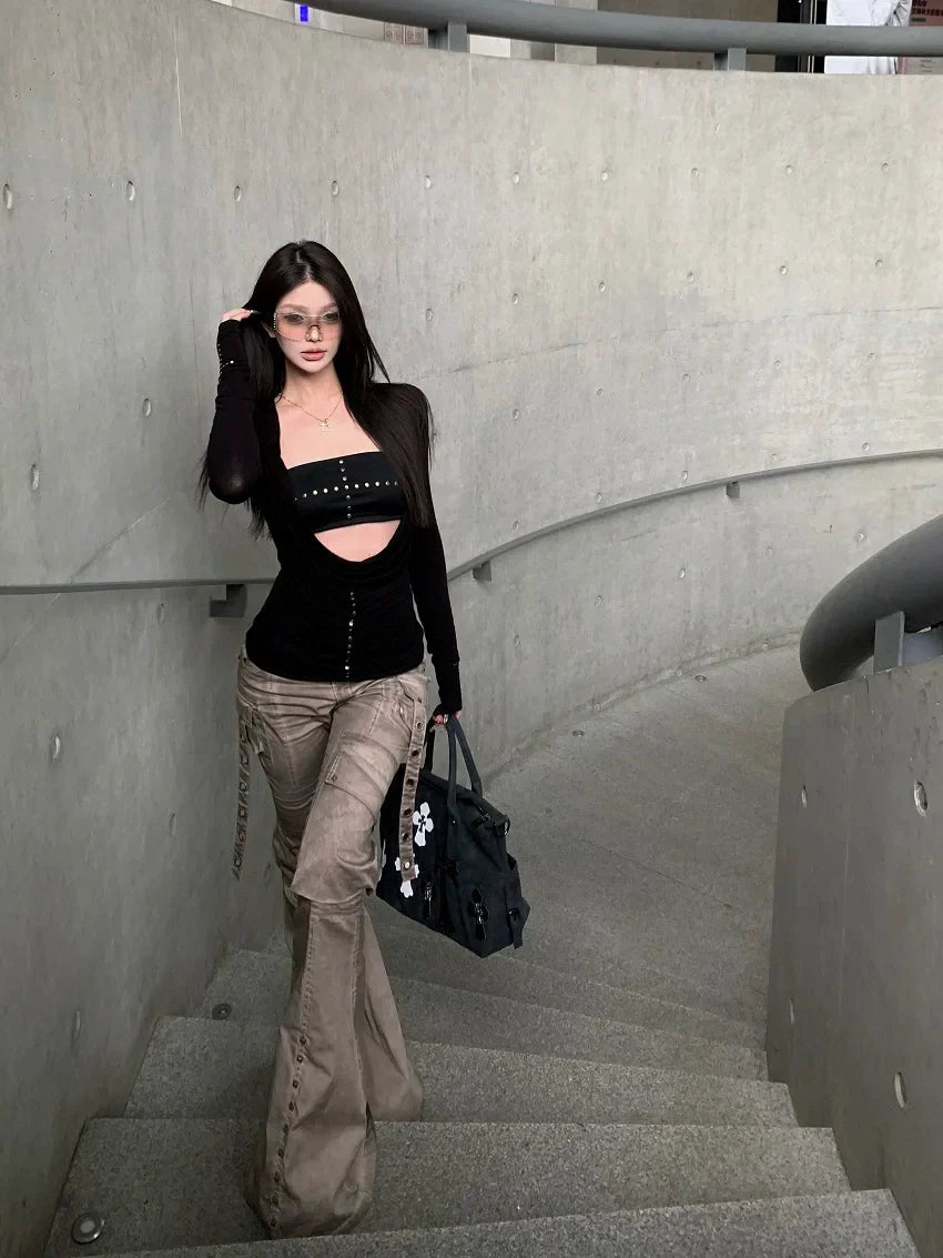 Black Long Sleeve Cut Out Drape Halter Top - Y2K Skinny Fit