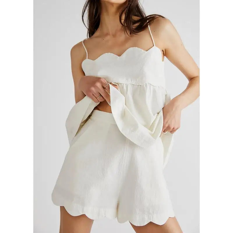 Scalloped Hem Babydoll Cami Tops And Wide Leg Shorts Set