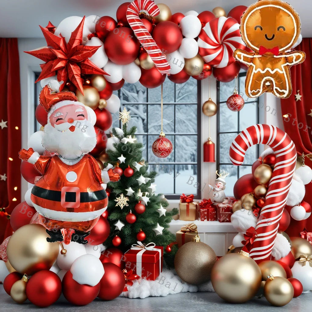 Decorations Christmas Balloons Garland Arch Red Metallic Gold With Gingerbread Man Stars Foil Balloon For Christmas Party Decor