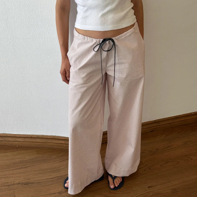 Striped Pattern Loose Drawstring Wide Leg Pants