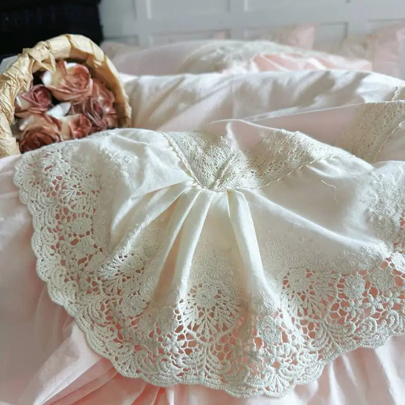 Pink Luxury Princess Wedding Lace Ruffles 100% Cotton Bedding Set Duvet Cover Bed Sheet/Bed Skirt/Fitted Sheet Pillowcases 4Pcs