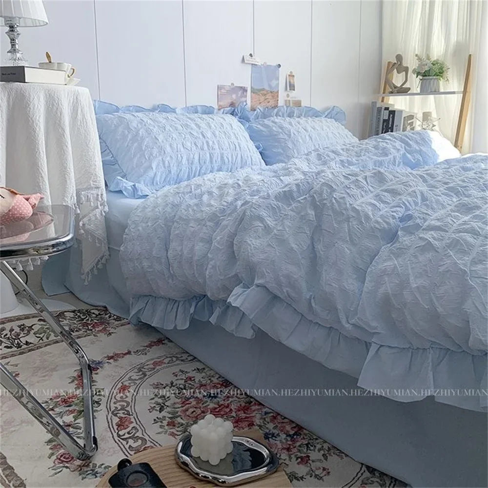 INS Girl Blue Bedding Sets Solid Color Seersucker Ruffles Lace  Kawaii Soft Sheet Woman Duvet Cover Pillow Covers Quilt Cover