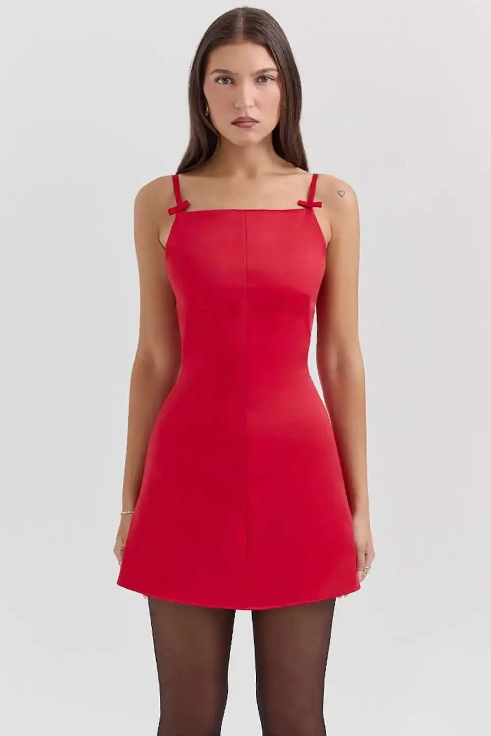 Satin Straight Neck Bow Strap Mini Dress