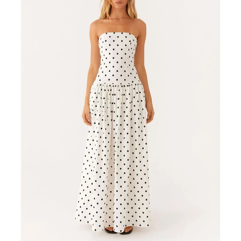 Strapless Dot/Floral Print Pleated Tube Long Dress - A-Line Fit