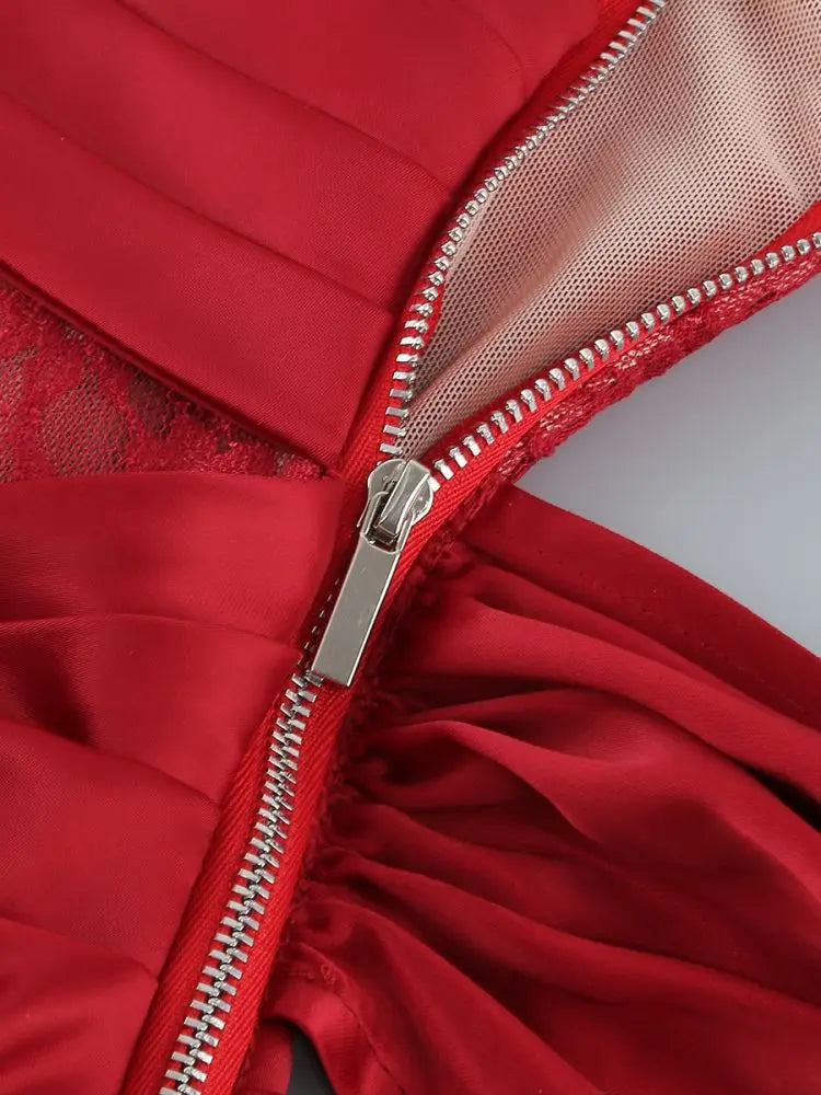 Lace Corset Cut Out Satin Draped Gloves Midi Dress