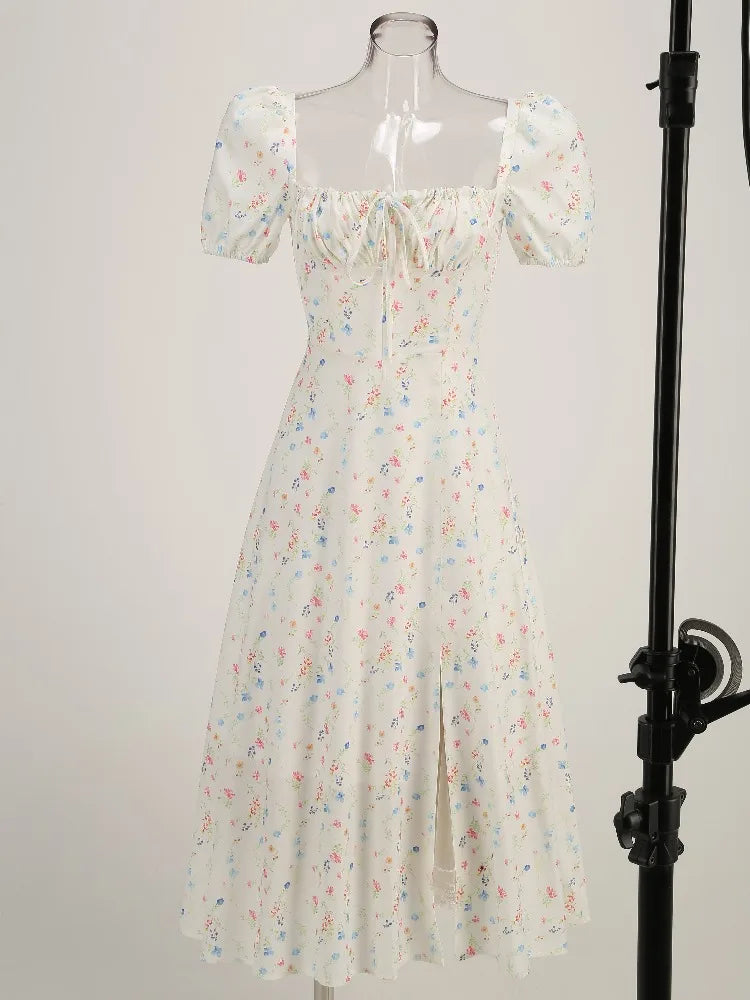 Puff Sleeves Floral Printed Midi Dress