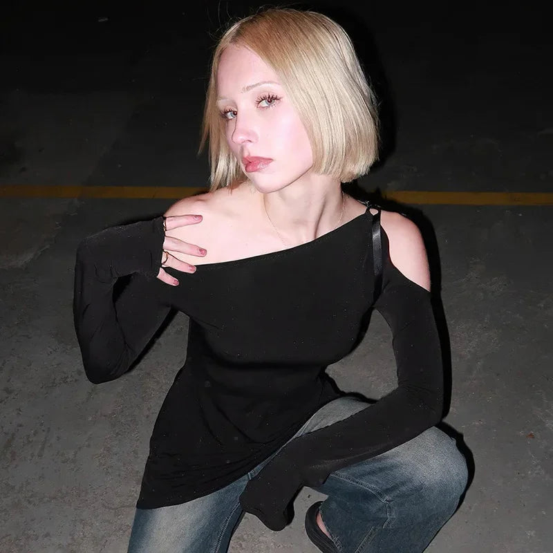 Long Shoulder Tie Up Hollow Out Mini Dress