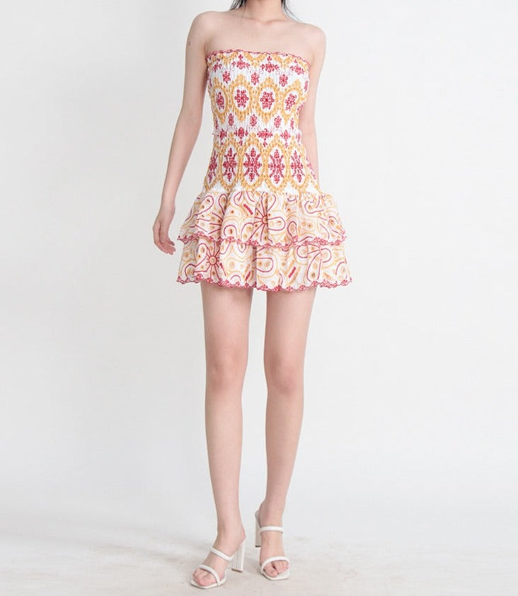 Embroidered Design Tube Ruched Mini Dress