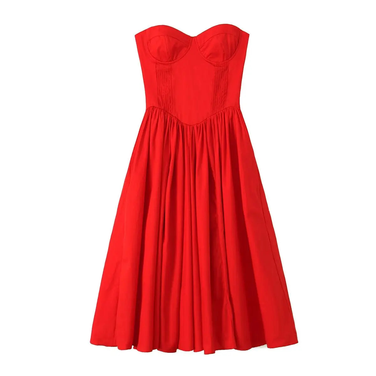 Red Bustier Pleated Flare Midi Dress