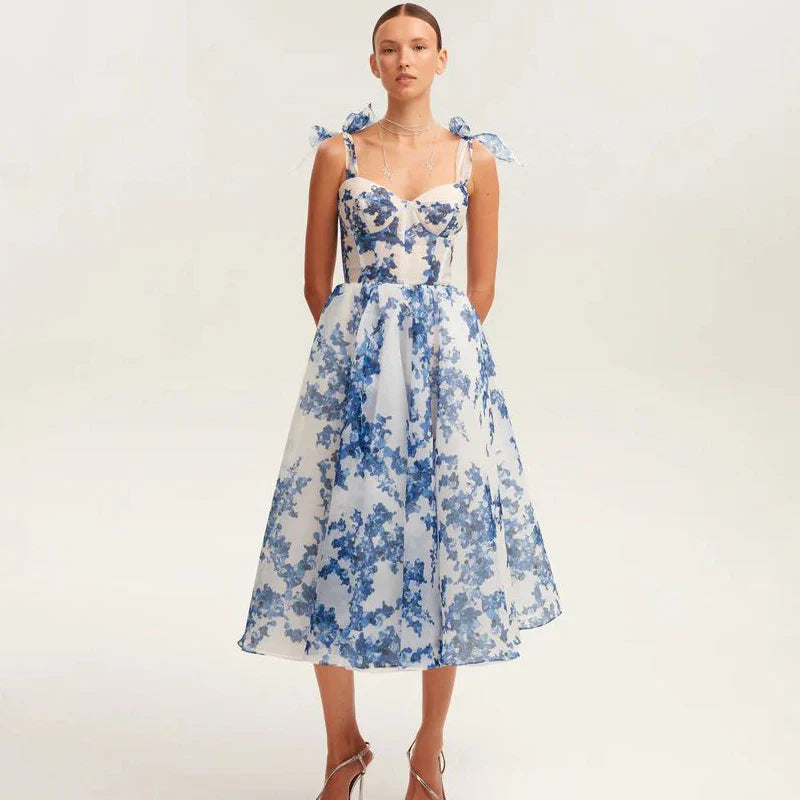 Floral Print Tie Up Buster Flare Mesh Midi Dress