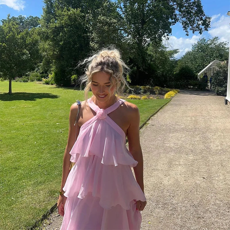 Pink Pleated Halter Maxi Dress
