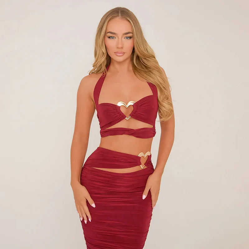 Red Heart Cut Out Halter Top And Maxi Skirt Set