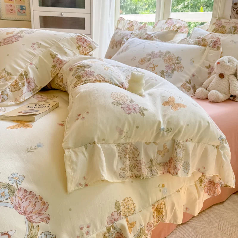 INS Floral Style Bedding Sets Ruffle Lace Bow Quilt Cover Romantic Bedclothes Decor Woman Girls Bedroom Duvet Cover 4pcs