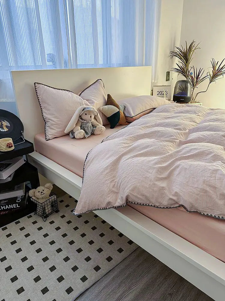 Ins Style Solid Color Stripes Mix and Princess Style Quilt Cover Four-piece Bedding Set Washed Cotton Shell Edge Duvet Cover Set