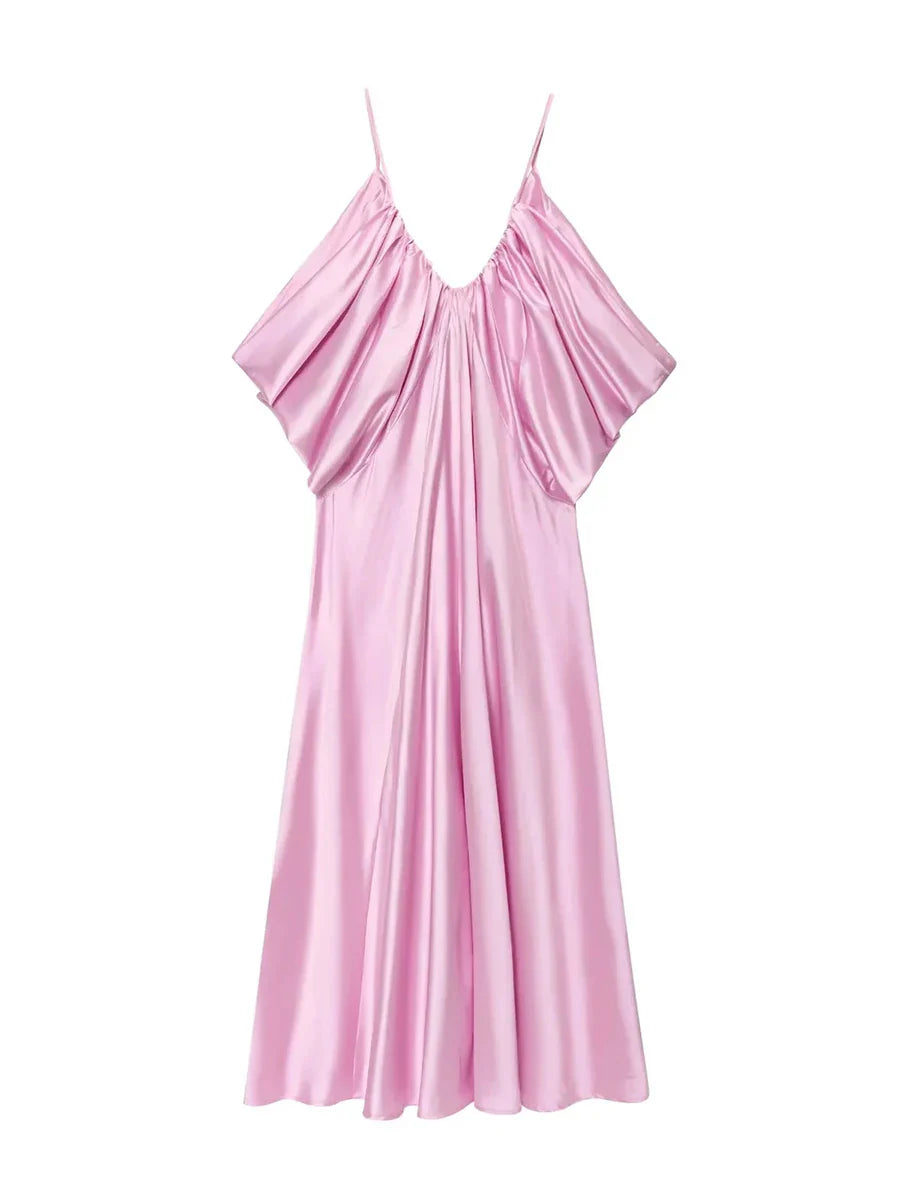 Pink Satin Drape Style Maxi Dress