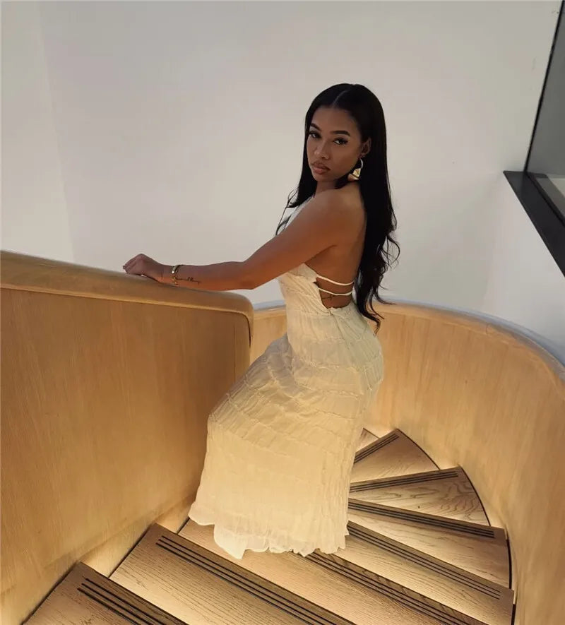 Halter Textured Open Back Maxi Dress