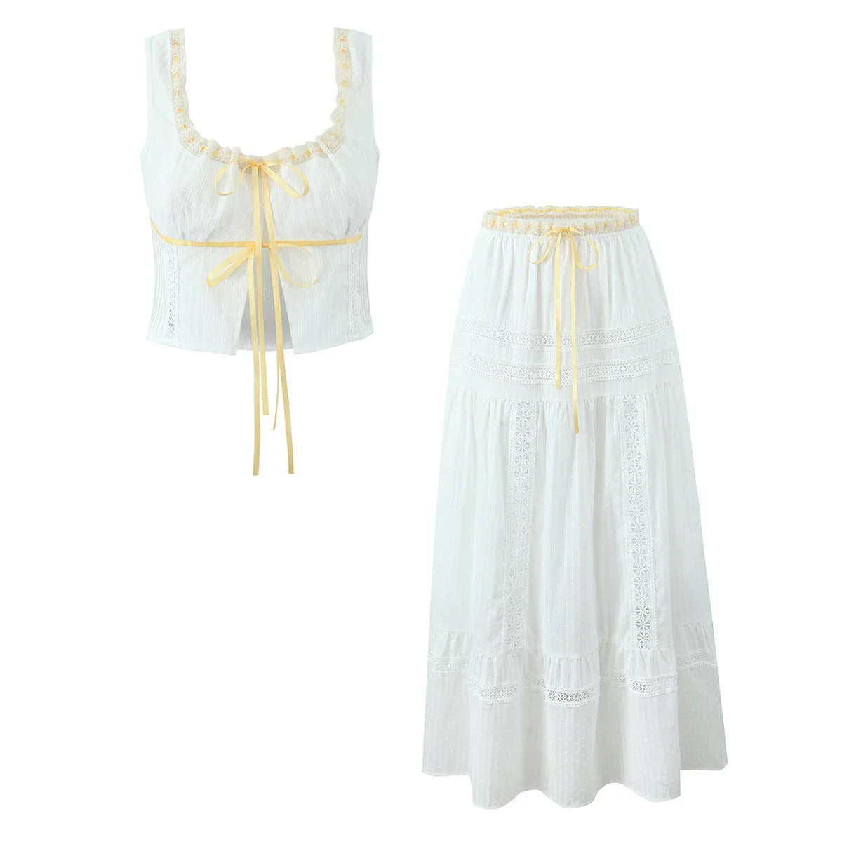 White Ruched Yellow Ribbon Crop Top And Maxi Skirt Set