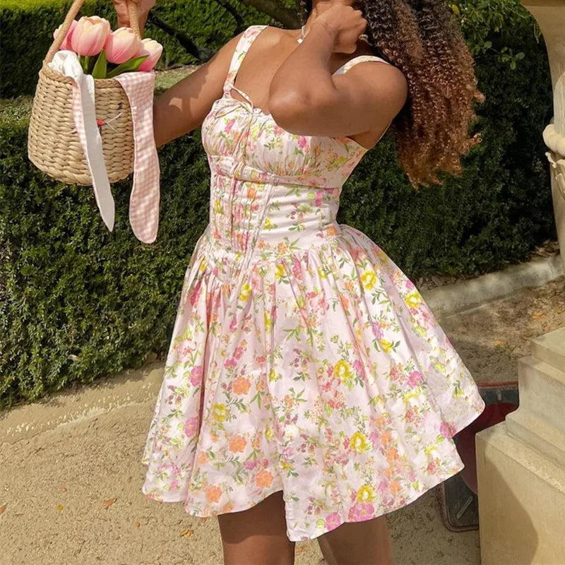 Printed Square Neck Strap Corset Mini Dress