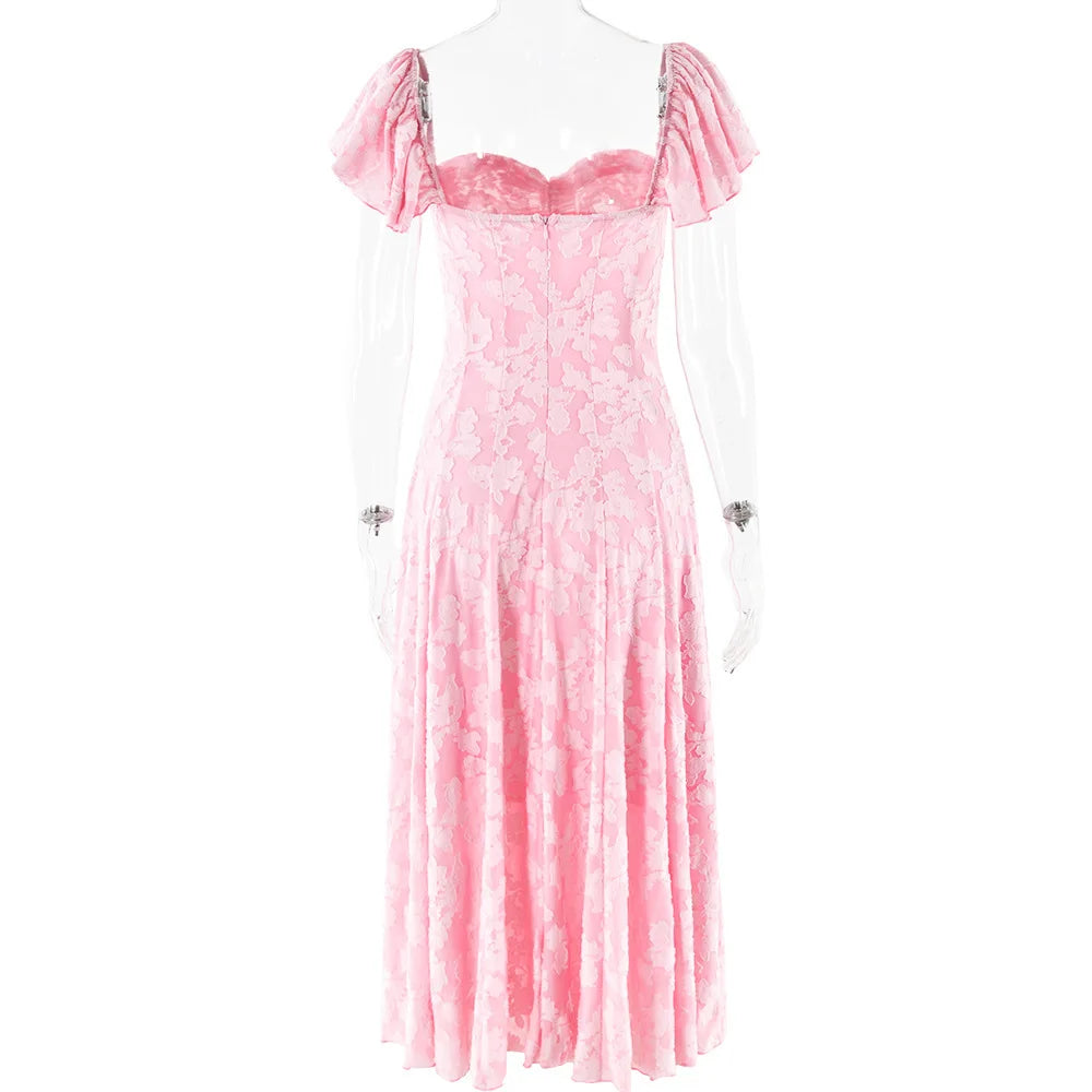 Pink Short Puff Sleeves Jacquard Print Maxi Dress