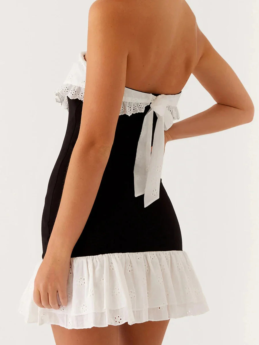 Black Strapless Patchwork Ruffle Hem Mini Dress - A-Line Fit