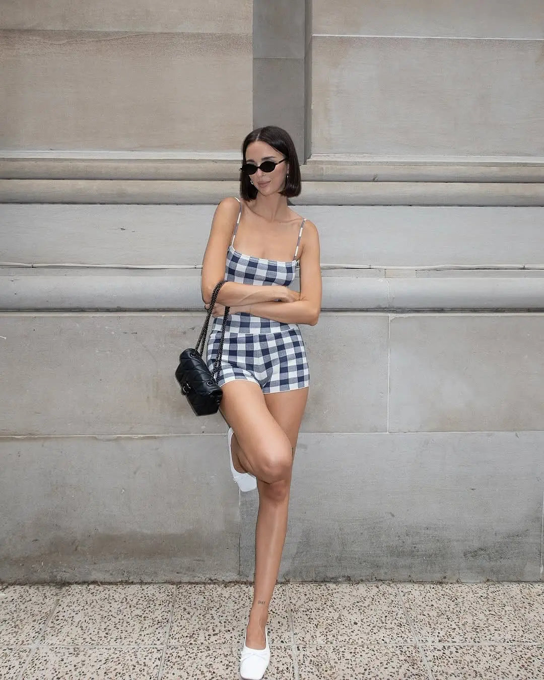 Black Checkered Cami Top And Shorts Set