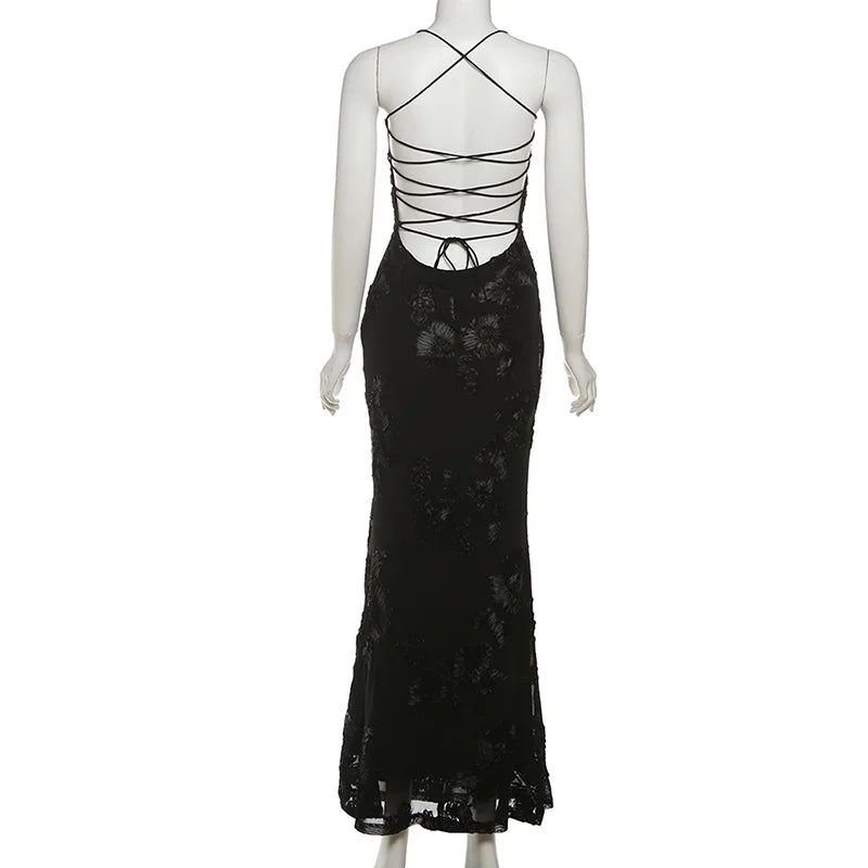Open Back Lace Up Embroidred Flower Maxi Dress