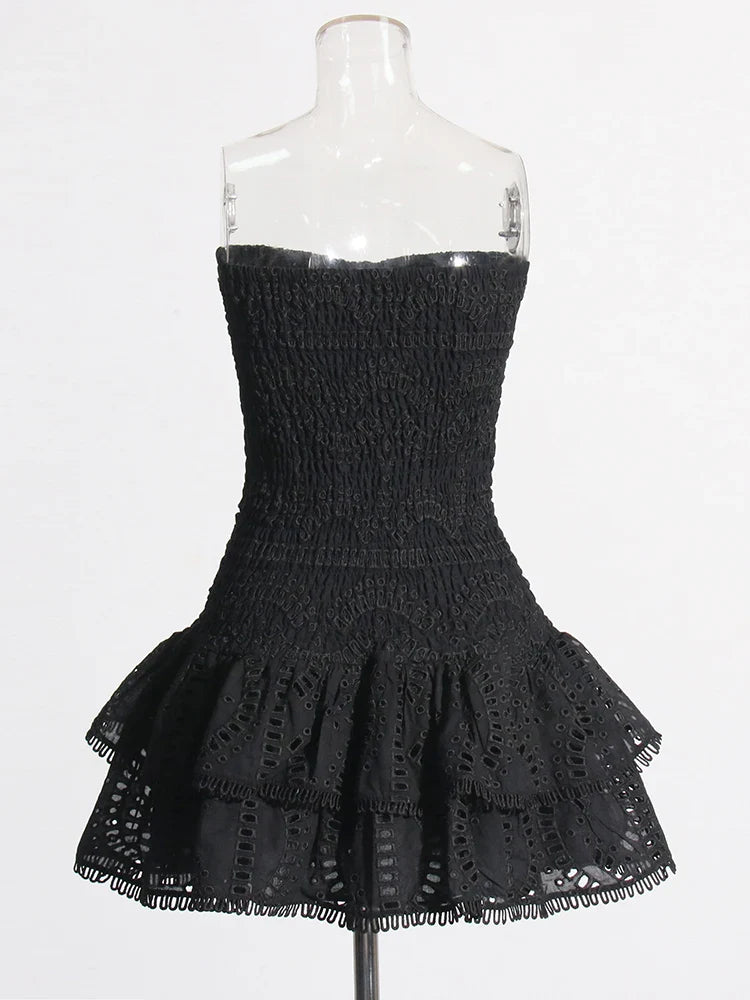 Ruched Strapless Embroidered Frill Mini Dress